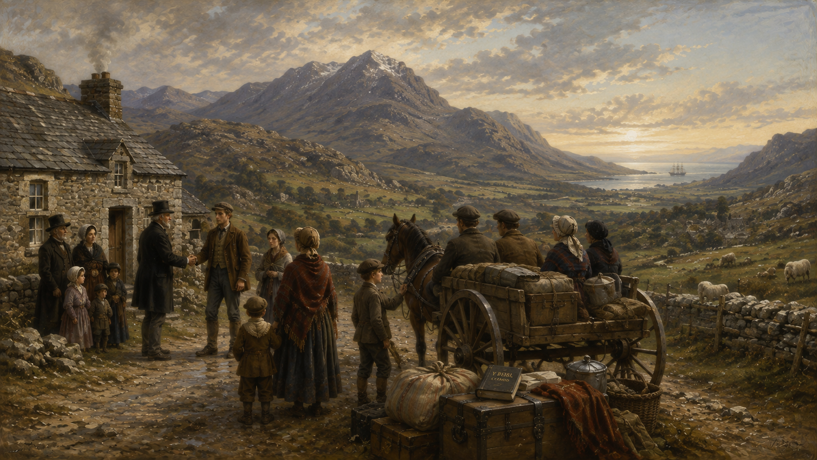 A Welsh family taking leave of their neighbours beside a stone cottage, a loaded cart on the road and a ship standing out to sea beyond the valley
